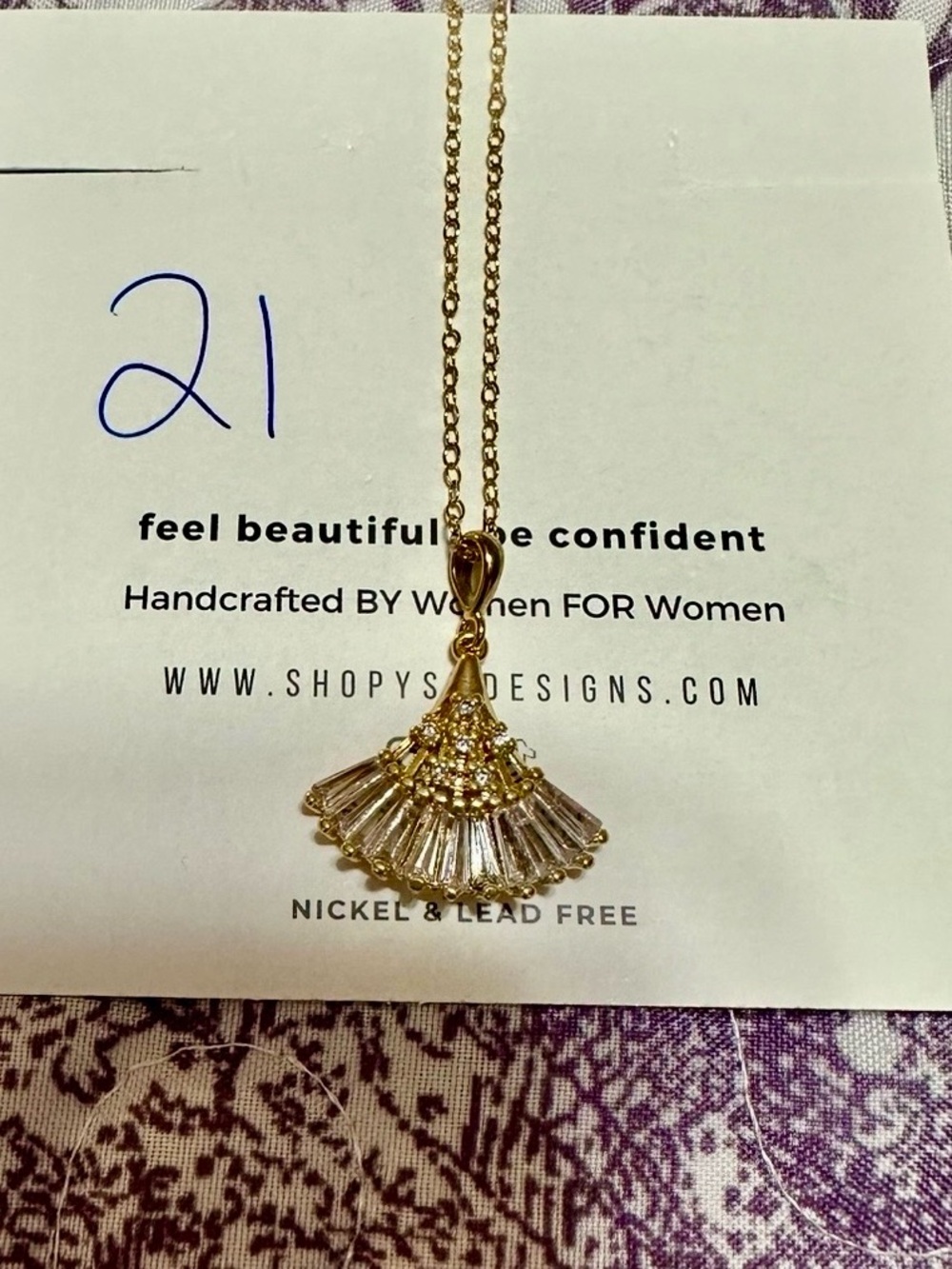YSM Designs Kinsley Necklace Art Deco Style Crystal Fan Pendant on a Gold Chain